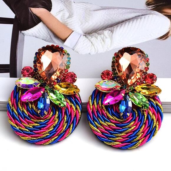 Multicolor Ethnic Boho Rhinestone Statement Earrings‎ with Gold Wrap Acce… - Picture 3 of 9